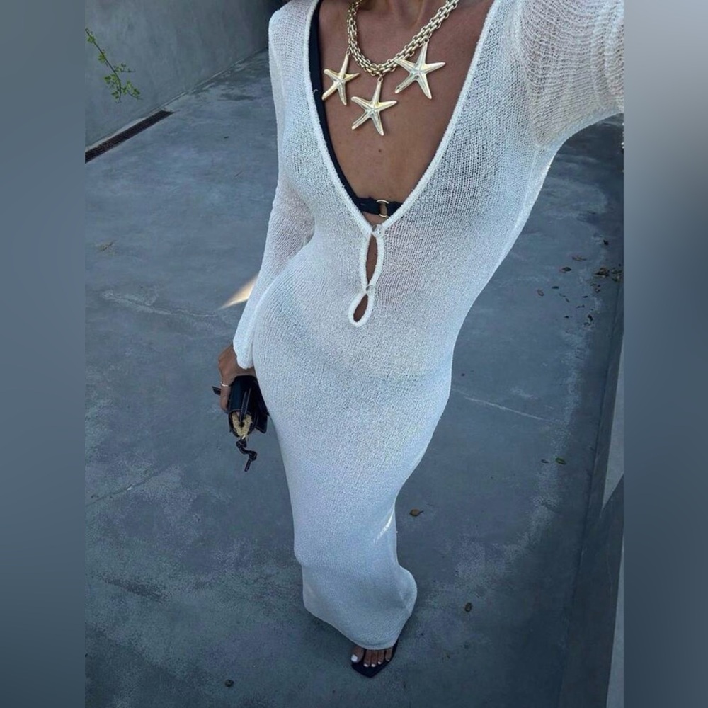 Elegant White Knit Maxi swimsuit cover up Dress